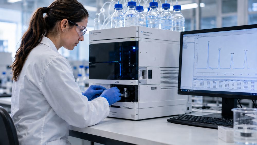 Lab technician loading a sample into an HPLC system, chromatogram on the screen beside it